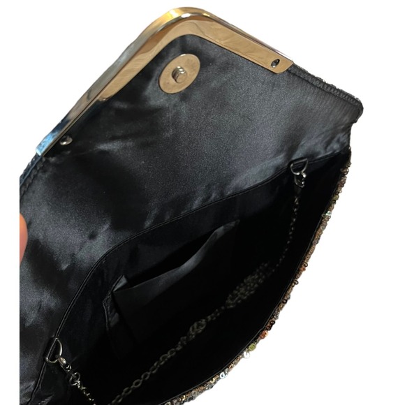 Evening Envelope Clutch Sequined Snakeskin Bag Black Multicolor Crossbody Chain - Picture 4 of 8